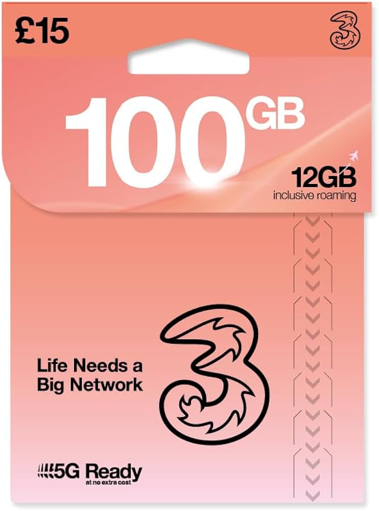 Three Sim Card £15 package - 100GB Data Unlimited Calls n Texts & 12gb Roaming