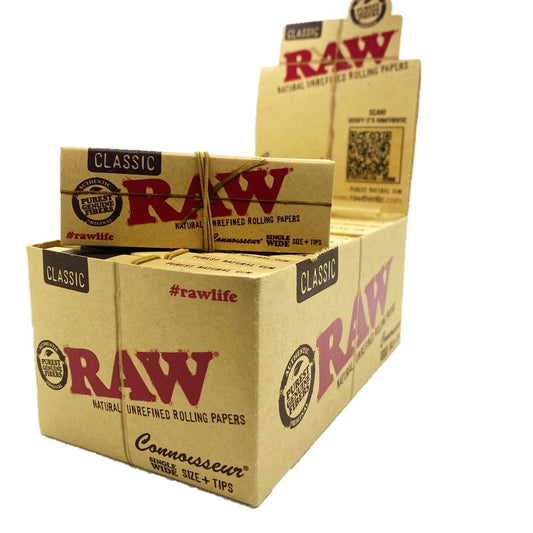 Raw Classic Connoisseur Single Wide Natural Unrefined Rolling Papers with Tips Saynama