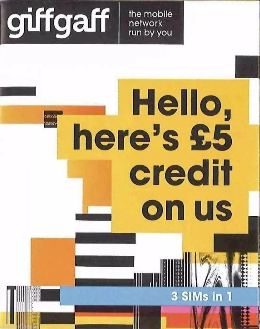 Giffgaff Giff Gaff 3 in 1 SIM FREE £5 Credit Unlimited Data - Manortel