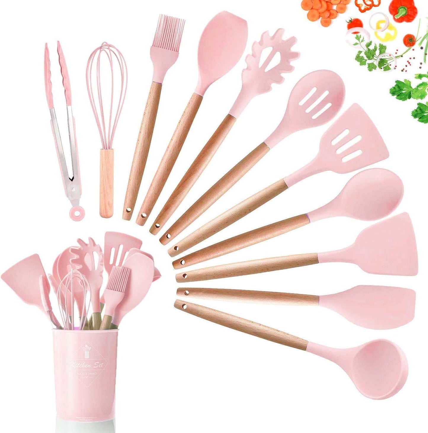 Kitchen Utensils Set, 12-Piece, with Cutlery Box, Silicone Wooden Handle - Refurbished