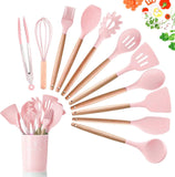 Kitchen Utensils Set, 12-Piece, with Cutlery Box, Silicone Wooden Handle - Refurbished