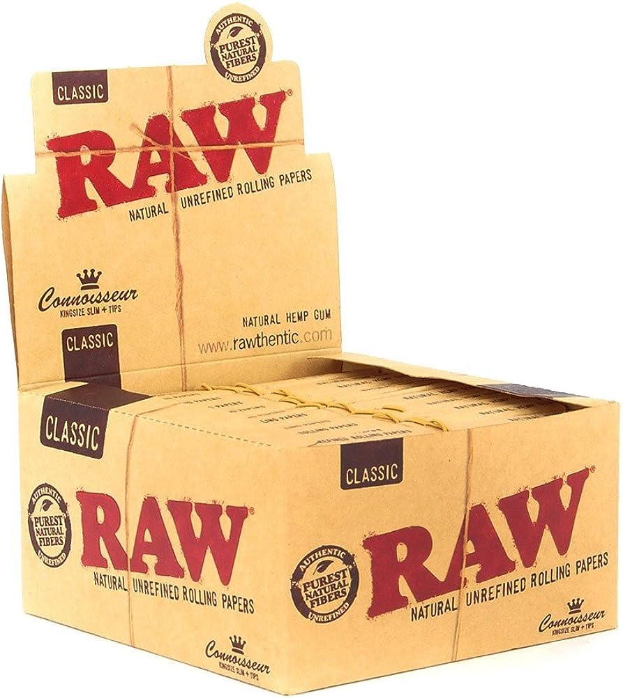 Raw Classic Connoisseur KingSize Slim Natural Unrefined Rolling Papers with Tips Saynama