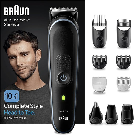 Braun 10-in-1 All-in-One Style Kit Series 5, Male Grooming Kit With Beard Trimmer, Hair Clippers, Nose and Ear& Precision Trimmer, Gifts for Men, 2 Pin Plug