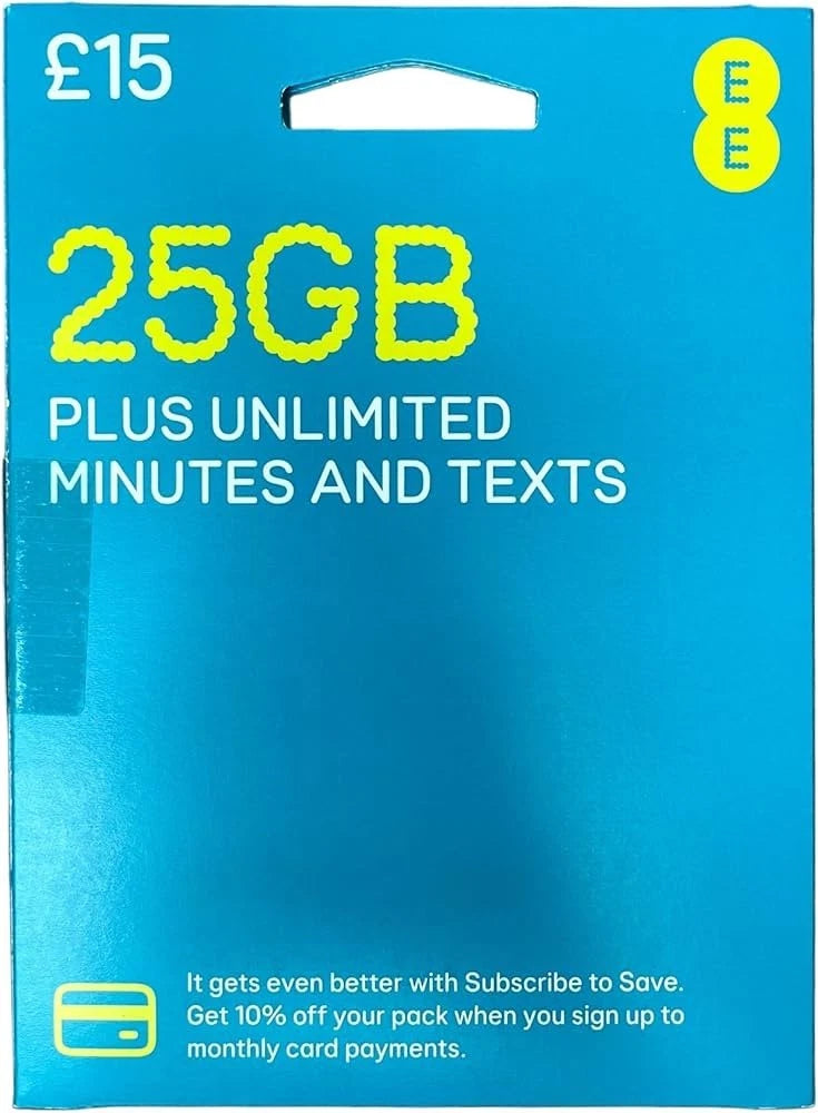 EE Sim Card Pay As You Go £15 Pack 25GB Data Unlimited Calls & SMS