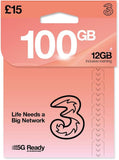 Three Sim Card £15 package - 100GB Data Unlimited Calls n Texts & 12gb Roaming
