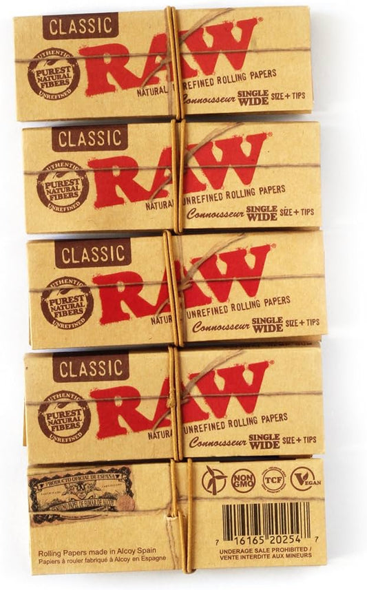 Raw Classic Connoisseur Single Wide Natural Unrefined Rolling Papers with Tips Saynama